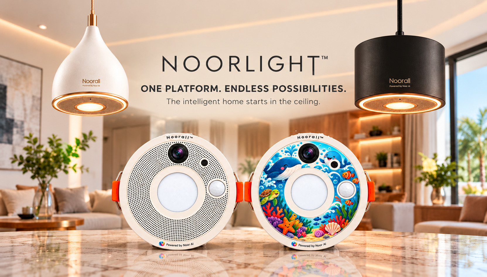 NoorLight smart ceiling concept with recessed and suspended lighting in a contemporary home